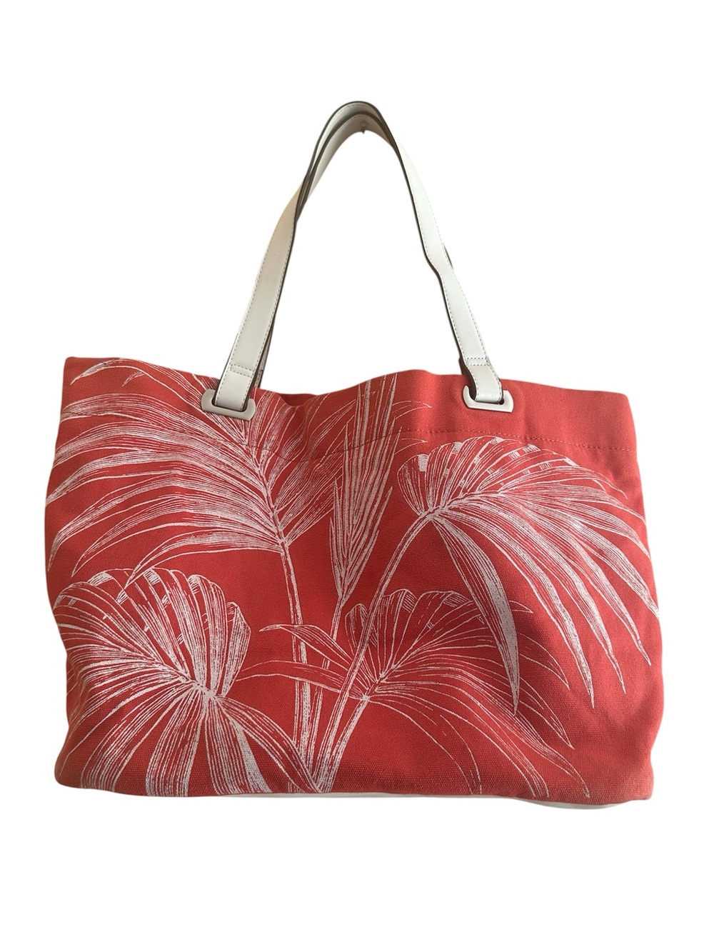 Coral Tote Bag with White Tropical Leaf Print and White Handles